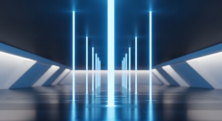 Abstract futuristic corridor with blue neon lights and reflective floor surface design element