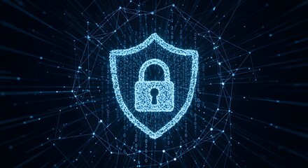 Glowing blue shield with padlock over digital network and binary code on a dark background