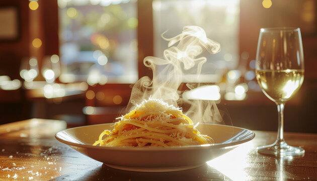 Steaming pasta dish with cheese and a glass of white wine on a restaurant table.