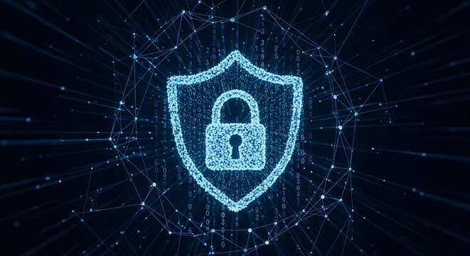 Glowing blue shield with padlock over digital network and binary code on a dark background