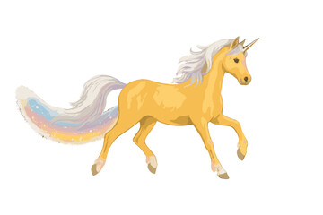 Golden unicorn running with a sparkling rainbow dust trail on white background