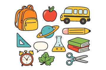 Vibrant set of school supplies, educational objects, backpack, bus, books, and science equipment