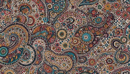 Naklejka premium Abstract 2D seamless pattern featuring fabric patches with geometric and paisley designs