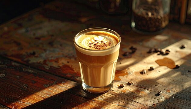Delicious Iced Coffee Drink with Cream and Chocolate Sprinkles on a Rustic Wooden Table with Morning Sunlight Casting Shadows and Coffee Beans Scattered Around