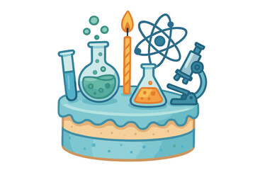 Festive birthday cake decorated with laboratory equipment and scientific symbols