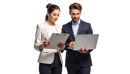 Two Business Professionals Reviewing Documents on Laptop, Office Collaboration Concept, Isolated on Transparent Background