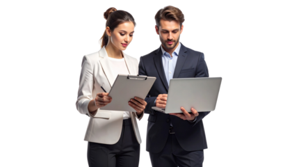 Two Business Professionals Reviewing Documents on Laptop, Office Collaboration Concept, Isolated on Transparent Background