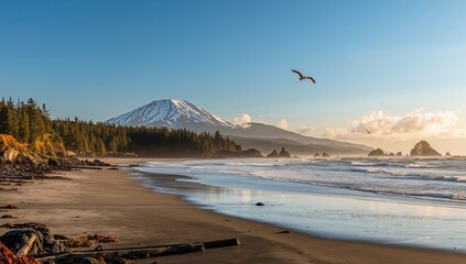 Scenic perspectives of a coastal beach and mountain landscape in nature