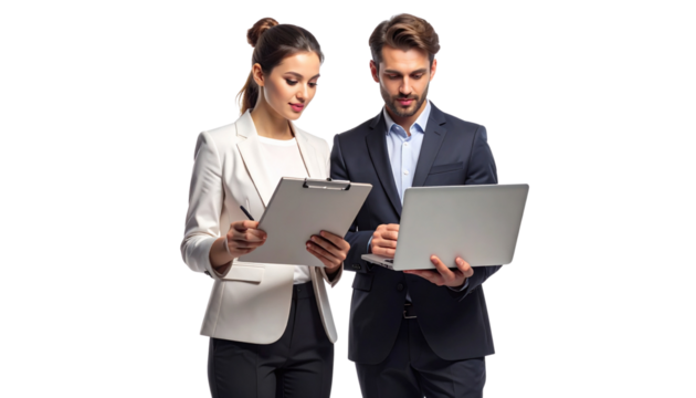 Two Business Professionals Reviewing Documents on Laptop, Office Collaboration Concept, Isolated on Transparent Background