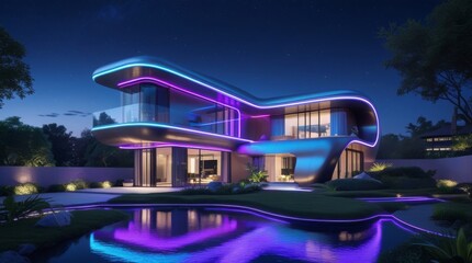 A sleek futuristic home glows at night with vibrant digital lighting accents showcasing advanced smart living and modern tech design, featuring a metallic facade with neon blue and purple hue
