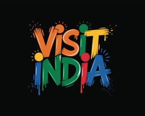 Colorful Artistic Invitation to Visit India Bold Typography and Vibrant Graphics against a Black Background