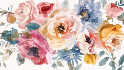 Romantic watercolor floral arrangement on a white backdrop, suitable for editorial header background