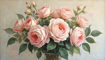 Obraz premium Soft pink roses arranged in vase. Gentle bouquet with green leaves and buds. Floral art for elegant home decor wedding invitations or greeting cards.