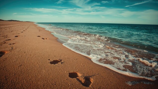 Vintage-style footprints on the sandy shore, evoking nostalgia and the beauty of nature