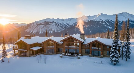 Aerial view of a large wooden house covered in snow with mountains in the background at sunset or sunrise