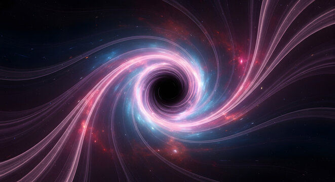 Abstract cosmic black hole with swirling light trails in a dark space background