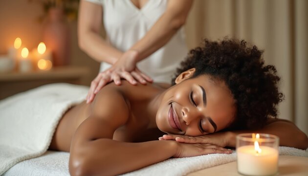 Smiling black woman gets relaxing back massage at wellness spa. Lies on table with closed eyes, enjoying treatment peacefully. Therapist provides pro body procedure in calm room with warm burning