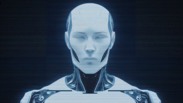 Futuristic android portrait featuring glitch visuals. Theme includes advanced technology, AI, robotics, and cyber defense. - Powered by Adobe