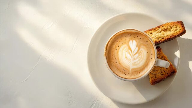 Foamy cappuccino with elegant latte art and two pieces of biscotti on a white plate. Bright natural light and soft shadows create a calm and cozy coffee moment.