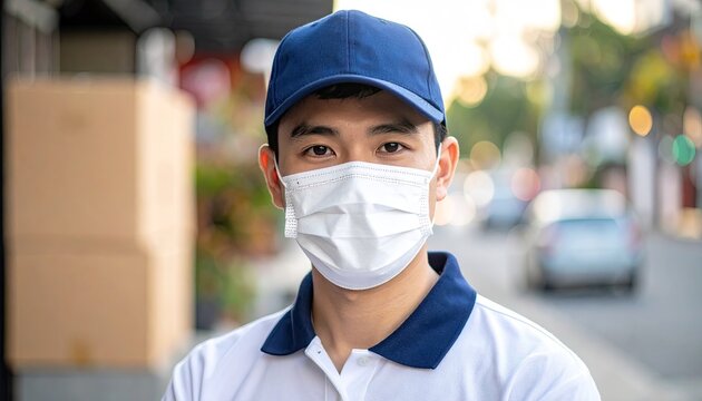 Delivery Person Wearing Face Mask And Blue Cap Standing Outdoors with Cardboard Boxes in Background During Daytime with Soft Bokeh Street Lights