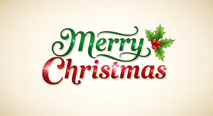 Merry christmas text with holly berry and glitter