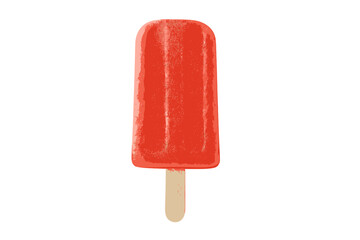 Bright red frozen fruit flavored popsicle on a wooden stick isolated on white