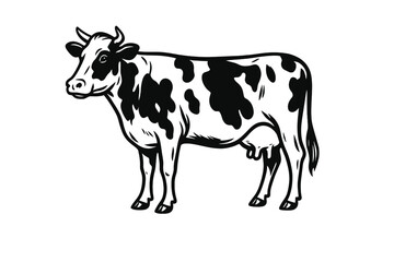Black and white dairy cow standing in profile view showing udder and horns