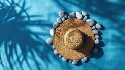 Straw hat and pebbly spa stones on a blue backdrop, ideal for summer relaxation