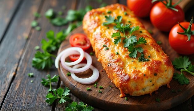 Delicious homemade pinsa with golden melted cheese crust on rustic wooden board. Savory italian appetizer garnished with fresh parsley leaves red onion rings, cherry tomatoes. Baked stromboli bread