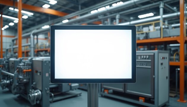 Digital display in factory setting. Empty screen for advertisement or presentation. Industrial area background shows manufacturing, technology. Blank monitor for modern business concept.