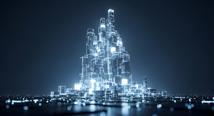 Futuristic glowing city skyline with abstract geometric shapes and digital illumination