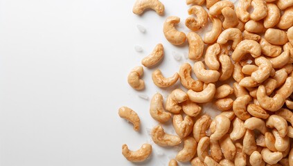 Fototapeta premium Salted cashew nuts against a white backdrop, fiber-dense choice