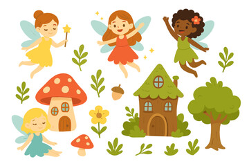 Set of adorable magical fairies flying and sitting near fantasy forest houses
