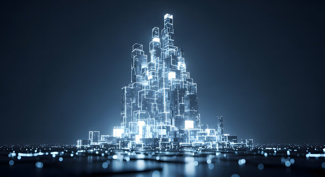 Futuristic glowing city skyline with abstract geometric shapes and digital illumination - Powered by Adobe