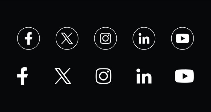 White Social Media Logo Icons Vector Set, Facebook, Instagram, X, LinkedIn, and YouTube Icon Pack on Transparent Background
