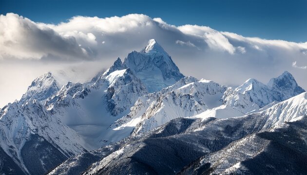 snowy mountain range under a partly cloudy sky