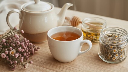 Obraz premium Chamomile tea served in a white cup, highlighting its calming properties