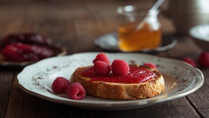 Toast topped with raspberries and raspberry jam, fiber-dense choice