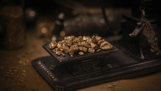 Antique measuring tools with small gold nuggets, showcasing potential value assessment