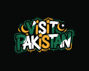 Visit Pakistan Graphic Design Featuring Symbolic Colors Stars and Crescent, Ideal for Tourism Promotion and Patriotic Visuals