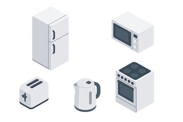 Modern kitchen appliances set in isometric view: refrigerator, microwave, stove, toaster, kettle
