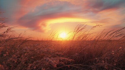 Fototapeta premium Beautiful dry grass silhouetted against a sunset sky