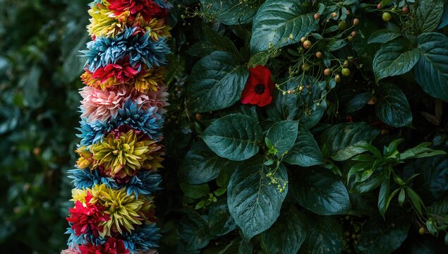 Multicolored garland adorning the plant, decorative accent for festive occasions