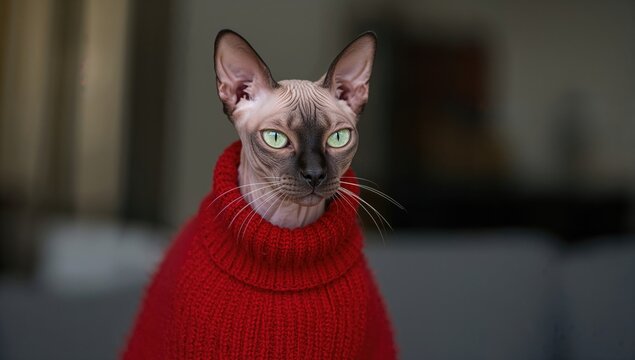 Portrait of a serious Sphinx cat with green eyes in a red knit sweater, warm attire for hairless pets, indoor setting