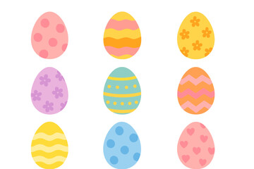 Set of nine pastel colored Easter eggs decorated with various geometric and floral patterns