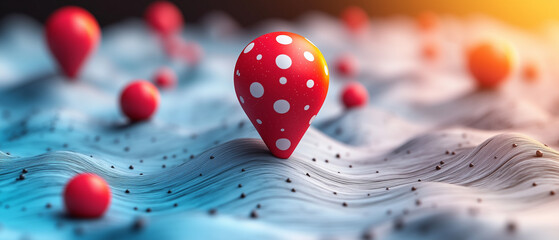 Colorful red and white dots interact with a textured blue background in a surreal artistic representation of depth and form ai, abstract, art, colorful, dots, depth, design, modern, pattern, red, blue