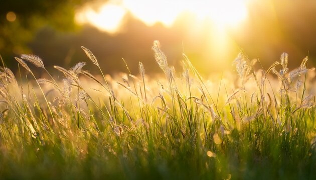 a serene meadow bathed in sunlight with delicate grass blades softly swaying in focus