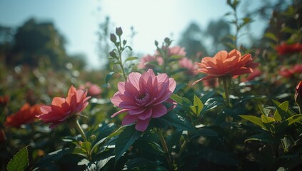 Vibrant blue, red, and pink flowers bloom gracefully amidst lush greenery under a bright open sky and shining sun.
