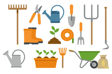 Collection of essential gardening tools and supplies including wheelbarrow, trowel, boots, and seedlings