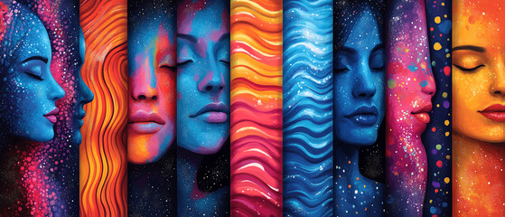 Colorful mural showcasing abstract faces in vibrant hues created with AI art technology ai, art, mural, abstract, faces, colors, blue, orange, purple, creativity, technology, modern, patterns, texture